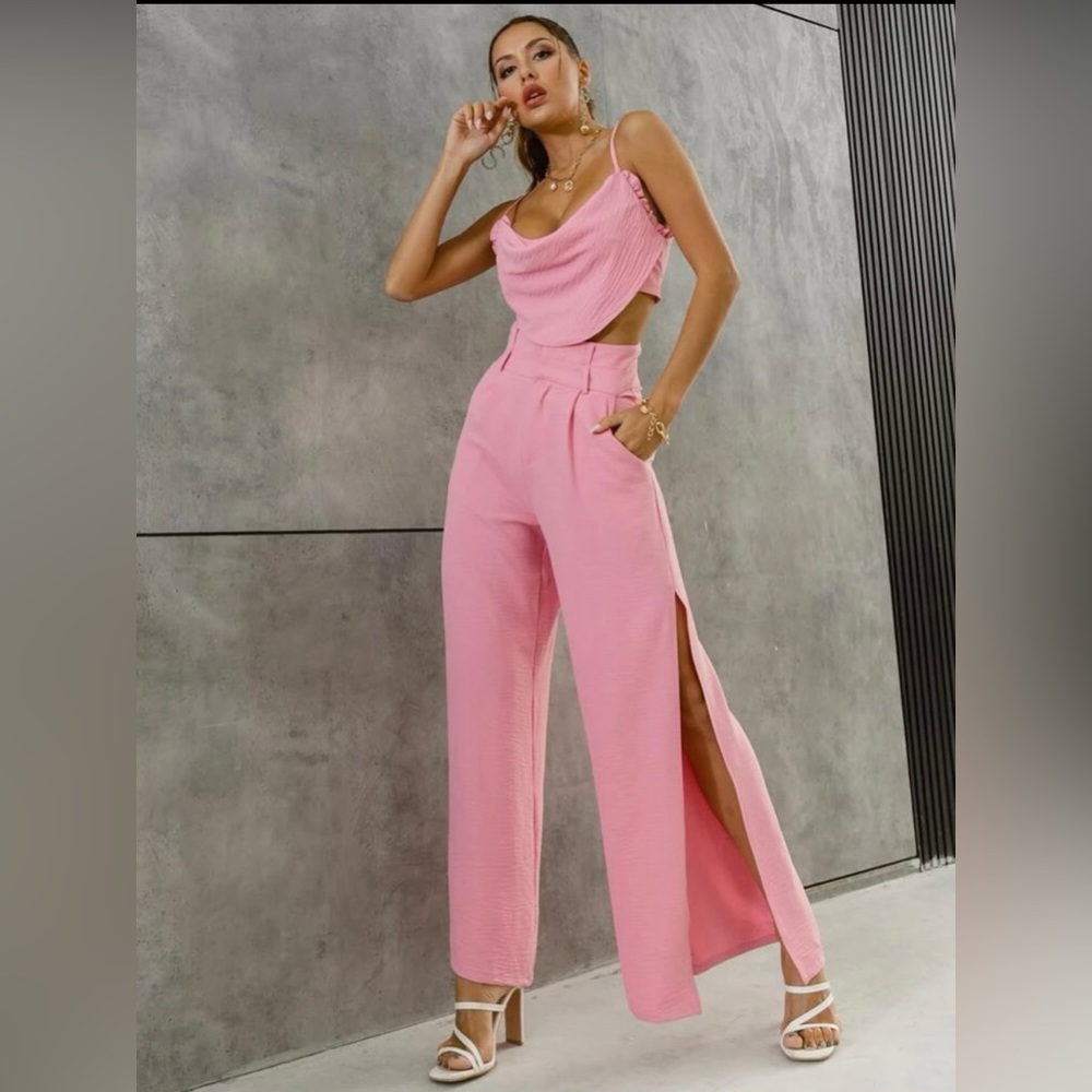 Glamaker Cowl Neck Frill Trim Cami Top & Split Thigh Pants Set